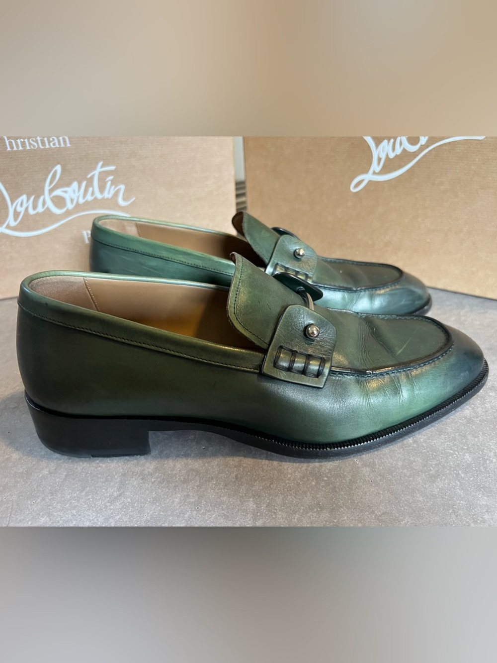 Christian Louboutin Green Leather Men’s Buckle Loafers